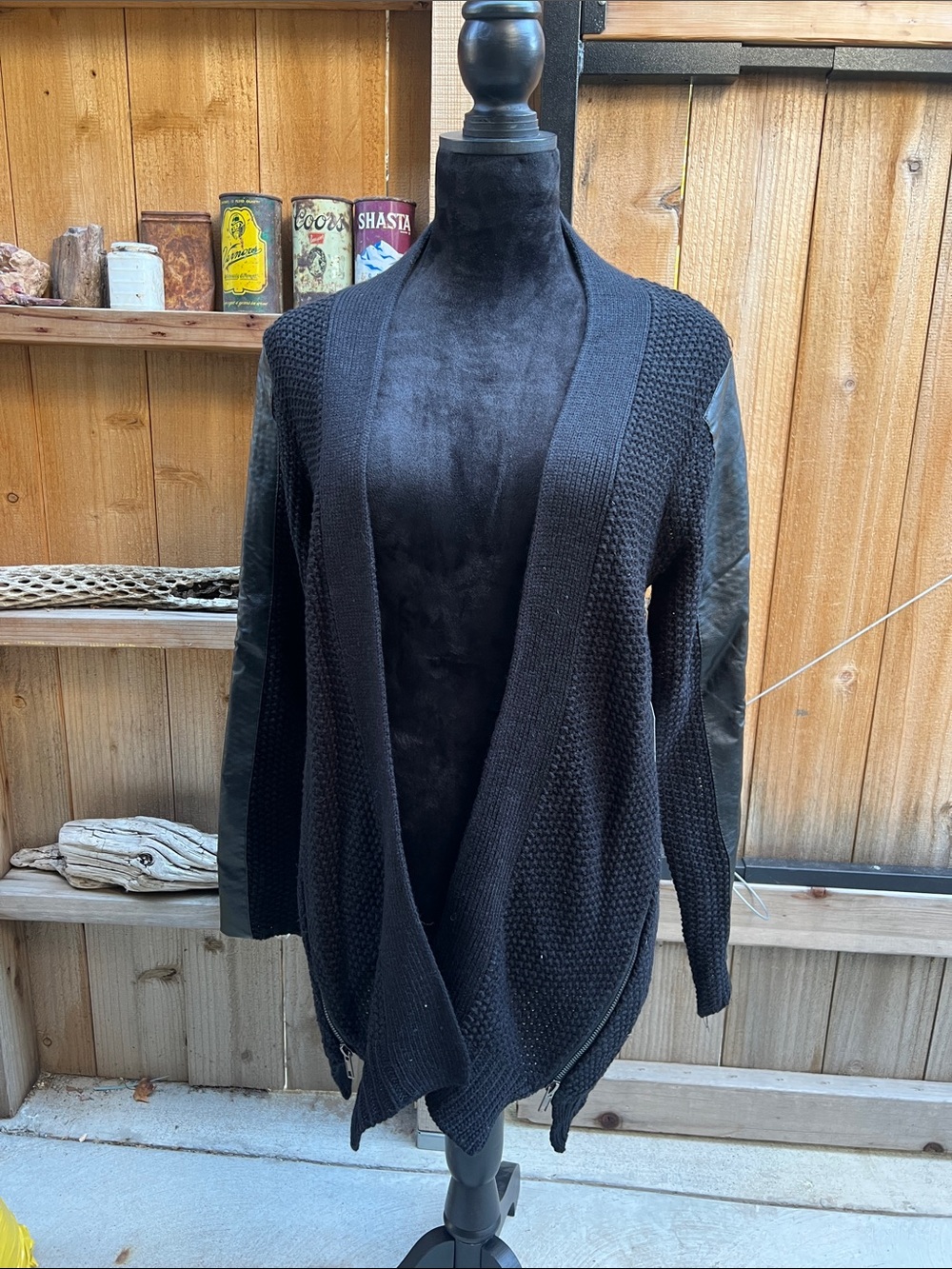 Black Open-Front Knit Cardigan with Smooth Sleeve Panels